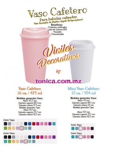 Vaso para bebidas calientes y cafetero reusable personalizado con vinil